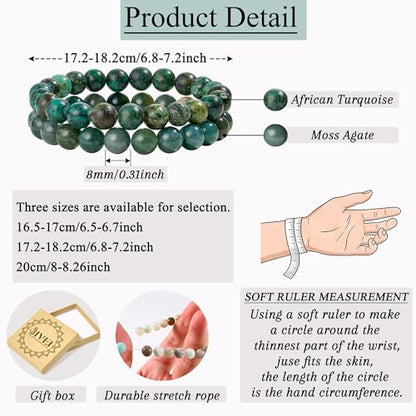Bivei Natural Crystals Gemstone Healing Stretchy Round Beaded Bracelet | 8MM Semi Precious Beads Bracelet, Handmade Spiritual Jewelry Gift for Women Men,Enhance Positive Energy - color: 8mm Moss Agate & African Turquoise (Peace & Prosperity), size: Medium