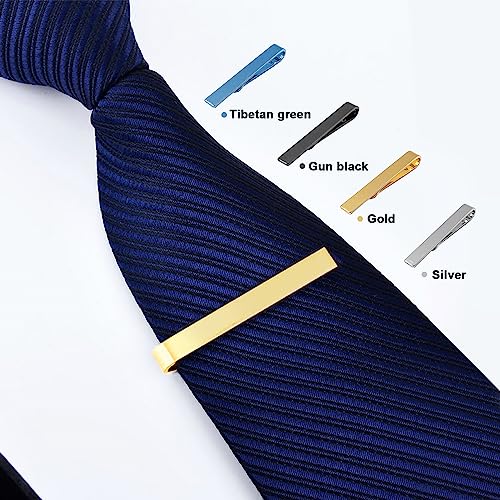 Roctee 4pcs Skinny Tie Clips for Men 1.69 Inch, Tie Clip Tie Bar Tie Bars Pins Clasps Set for Regular Ties Short Slim Thin Ties with Box Black Blue Gold Silver