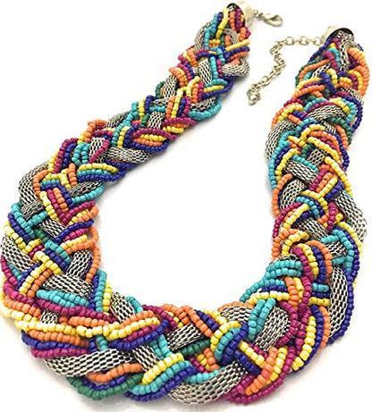 Bohemian handmade beaded statement necklace for women and girls by Ishvaku - color: Multi3