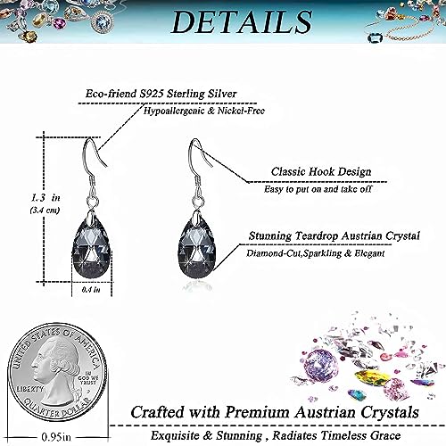 Austrian Crystal Teardrop Drop Earrings for Women, French Hook | 925 Sterling Silver Hook, Crystal Dangle Earrings, Sparkly Teardrop Stone, Lightweight Feel, Day-To-Evening Wear - color: Grey-Black