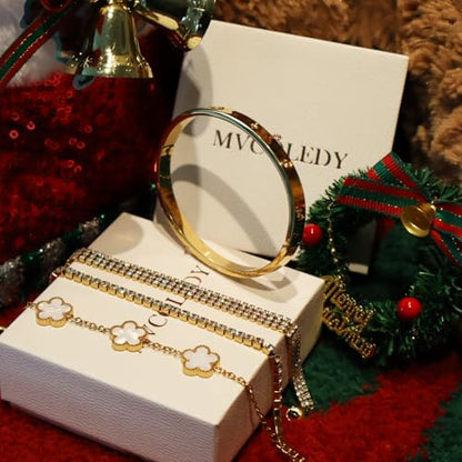 18 K Gold Plated Love Bangle Bracelet Stack for Women,Set of 4 Floral Clover Chain, Tennis Crystal &Gold Stackable Bangle Bracelet -Adjustable Layered Jewelry Gift for Wife Valentines Mother's Day-MVCOLEDY - color: White Flower CZ