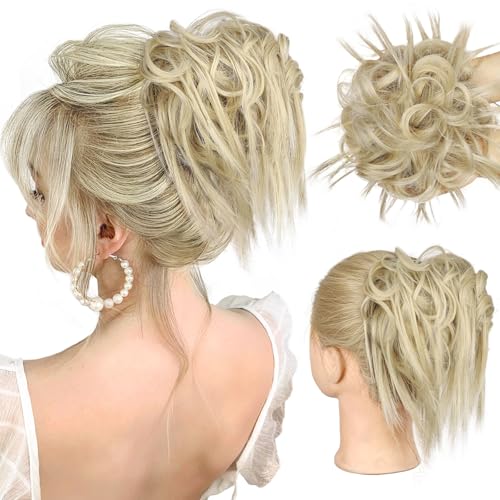 HMD Tousled Updo Messy Bun Hair Piece for Women Synthetic Hair Extension | Messy Bun Hair Piece with Elastic Scrunchie Synthetic Tousled Updos Ponytail Hairstyles for Daily Wear - color: 85/613#Ash Blonde Mix Bleach Blonde