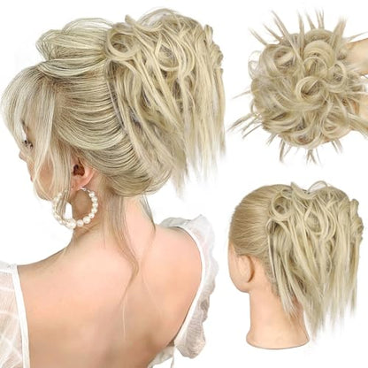 HMD Tousled Updo Messy Bun Hair Piece for Women Synthetic Hair Extension | Messy Bun Hair Piece with Elastic Scrunchie Synthetic Tousled Updos Ponytail Hairstyles for Daily Wear - color: 85/613#Ash Blonde Mix Bleach Blonde