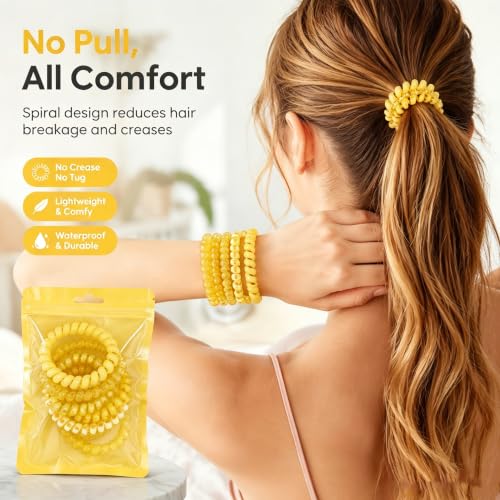 6 Pack Yellow Coil Hair Ties,Spiral Plastic Hair Rings for Styling,Yellow | Spiral Plastic Coil Hair Rings In Yellow,For Styling And Travel, For Daily Wear And Gifting, 2.2 x 2.2 Inches (5.6 x 5.6 Cm) - color: Yellow