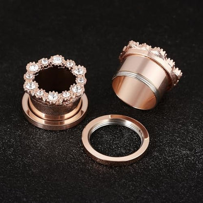 Tunnels Gauges, 2PCS Stainless Steel Tunnel Set Hollow Flower with Round Cubic Zirconia Screw Back Ear Gauges Plugs Tunnels 2G - 5/8 inch Ear Piercing Jewelry - color: Rose Gold, size: 9/16 inch(14mm)