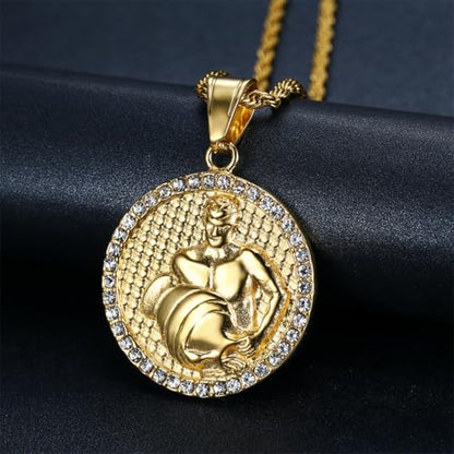 HIJONES Men's Women's Stainless Steel Zodiac Coin Embossed Necklace CZ Astrology Horoscope Pendant Necklace - color: Gold Aquarius