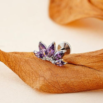 FINE4U 1PC ASTM F136 Titanium 16G Flatback Stud for Tragus, Helix, Conch 6mm 8mm - Screw on Cartilage Earring Piercing Jewelry - color: Flower CZ - Amethyst - Tit