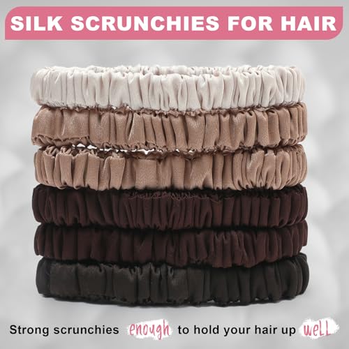 6Pcs Silk Hair Ties 100% Pure Mulberry Silk Scrunchies for Women Girls | No Hair Crease, Anti Frizz, Gentle Hold, No Damage, Color 03 - color: Tan&Dark Brown&Brown&Beige
