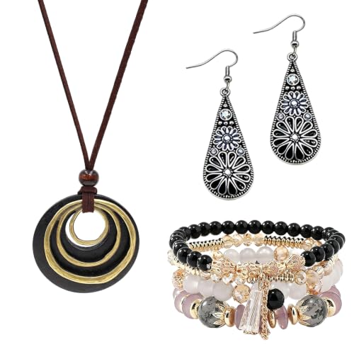 Western Jewelry Sets for Women Boho Jewelry, Layer Bohemian Necklace Earrings Bracelet, Cowgirl Accessory Rodeo Summer Beach - color: Black