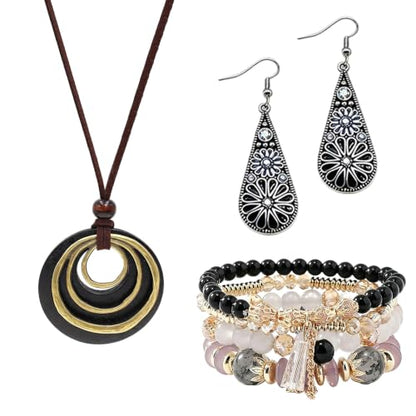 Western Jewelry Sets for Women Boho Jewelry, Layer Bohemian Necklace Earrings Bracelet, Cowgirl Accessory Rodeo Summer Beach - color: Black