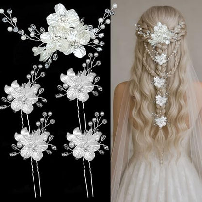 5 PCS Large Flower Bridal Wedding Hair Pins Crystal Pearl Hair Clips Headpiece Bride Hair Accessories Jewelry with Rhinestone, Glitter Emboss White Flower - color: Glitter Emboss White Flower