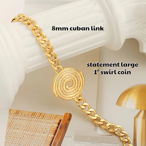 PEARLADA 18k Gold Plated Chain Layerd Bracelet Coin Charm Toggle Bracelet Trendy Cubic Zirconia Jewelry - color: Swirl Plate