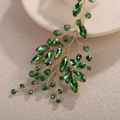 Teyglen Green Crystal Bride Flower Wedding Hair Vine Handmade Rhinestone Headband Bridal Hair Piece for Women Party Prom Headpiece Sparkly Rhinestone Hair Accessories (Green) - color: Green