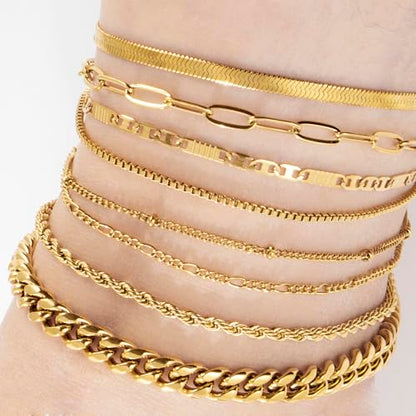 Gold Stainless Steel Anklet Chain for Women Adjustable Ankle Bracelet Fashionable Simple Design, Round mold chain - color: Gold+ Box Chain, size: 22+3cm