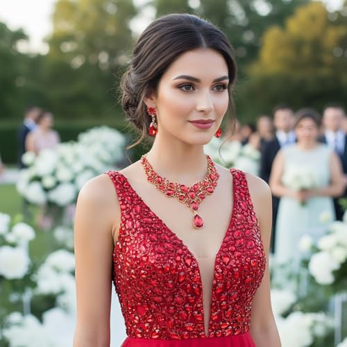 Hicarer Bridal Teardrop Cluster Crystal Jewelry Set for Women Necklace Earrings Wedding - color: Red and Gold
