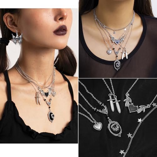 KISS WIFE Gothic Jewelry Set for Women, Necklace Earrings Rings Bracelet | Vintage silver-tone necklaces, earrings, rings and a chain bracelet feature snake, heart, butterfly and dagger designs.