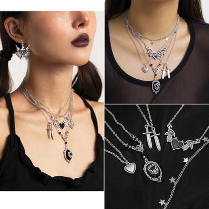 KISS WIFE Gothic Jewelry Set for Women, Necklace Earrings Rings Bracelet | Vintage silver-tone necklaces, earrings, rings and a chain bracelet feature snake, heart, butterfly and dagger designs.
