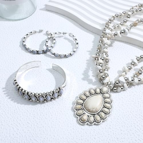 NEWITIN 4 Pieces Silver Bohemian Jewelry Set for Women Fashion Costume Jewels Turquoise Necklace Bracelet Earrings Western Turquoise Jewelry Set for Women - color: White Turquoise B