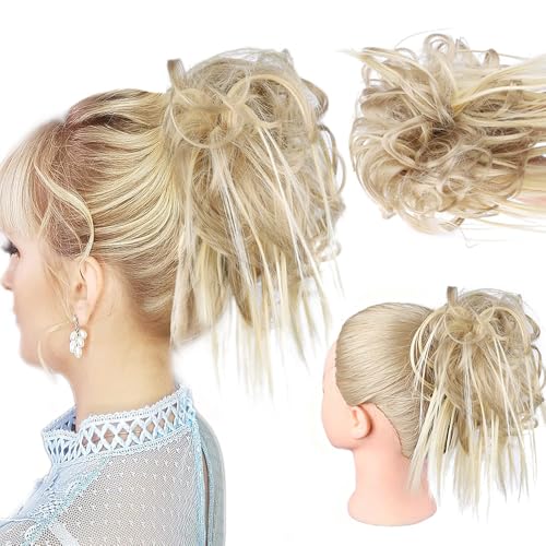 HMD Tousled Updo Messy Bun Hair Piece Ponytail Hairpieces for Women | Synthetic Hair Extension Ponytail with Elastic Rubber Band, Updo Hairpiece Hair Bun Scrunchies for Women Daily Party - color: 85H88# (Ash Blonde & Bleach Blonde）