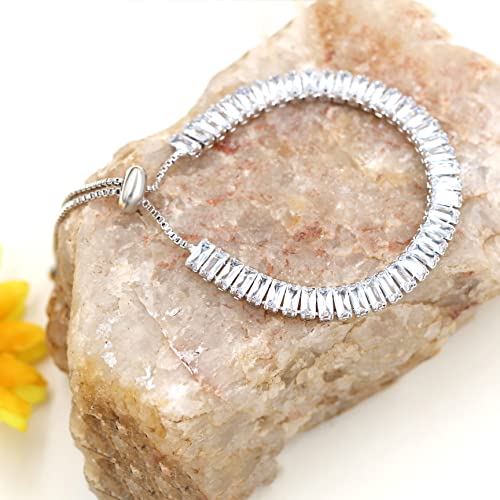 Uloveido Classic Emerald Cut Rectangular Cubic Zirconia Eternity Tennis Bracelet Adjustable for Women Y1788 - color: Platinum-white