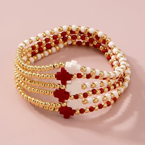 Gold Beaded Bracelets for Women Stackable Boho Gold Plated Colorful Seed Beads Ball Cross Bracelets Stack Elastic Stretch Trendy Jewelry Accessories Non Tarnish Friendship Christian Gift - color: Red White