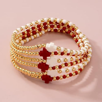 Gold Beaded Bracelets for Women Stackable Boho Gold Plated Colorful Seed Beads Ball Cross Bracelets Stack Elastic Stretch Trendy Jewelry Accessories Non Tarnish Friendship Christian Gift - color: Red White