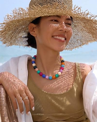 Chunky Beaded Necklace for Women Boho Statement Bead Necklace | Adjustable, Lightweight Choker, Round/Oval/Pebble Beads, Trendy Summer Beach Jewelry - color: Colorful