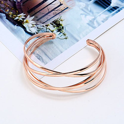 Boho Chunky Cuff Bracelet for Women,Gold/Silver/Rose gold Multi-layer Cross Wire Bangle Bracelets Open Adjustable Wide Cuff Bracelet Fashion Statement Jewelry - color: Rose gold