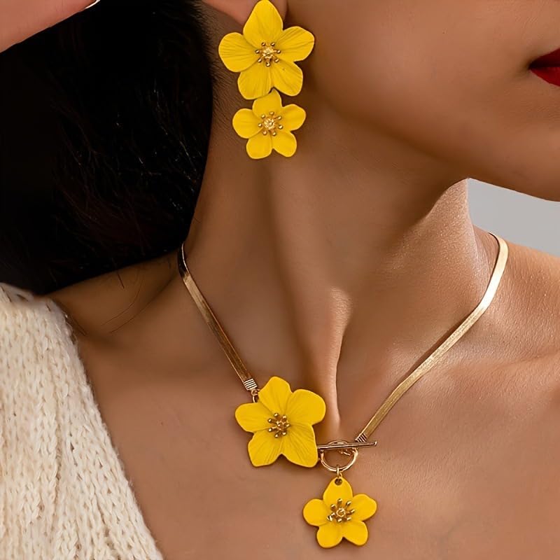Colorful Flower Necklace Earrings Set for Women Gold Snake Chain Toggle Clasp Pendant Necklaces Dainty Double Flowers Statement Earrings Bridal Wedding Summer Beach Jewelry for Women - color: yellow