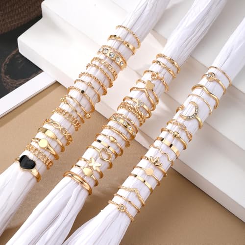 Golden Knuckle Rings Set for Women, 14k Golden Plated Open Stacking Knuckle Midi Rings Dainty Cubic Zirconia Crystal Simple Hollow Cute Rings Pack Jewelry Gifte - color: Golden 49PCS