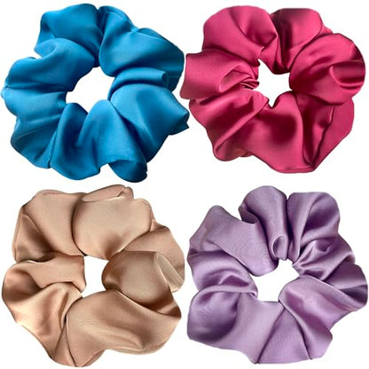 Big Satin Scrunchies for Women, 5.2 Inches Large Scrunchie, Silk Elastic Ponytail Holders for Girls, Jumbo Hair Ties for Thick/Curly Hair, Soft Scrunchy No Crease No Pilling, 4 Pack - color: Pruple+Coffee