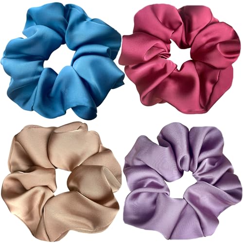 Big Satin Scrunchies for Women, 5.2 Inches Large Scrunchie, Silk Elastic Ponytail Holders for Girls, Jumbo Hair Ties for Thick/Curly Hair, Soft Scrunchy No Crease No Pilling, 4 Pack - color: Pruple+Coffee