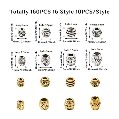 Craftdady 160Pcs Tibetan Alloy Barrel Spacer Beads 16 Styles Large Hole Retreo Metal Barrel Tube European Beads for Jewelry Crafts Making, Hole: 2-5mm - color: 2 Colors, Barrel, 160pcs