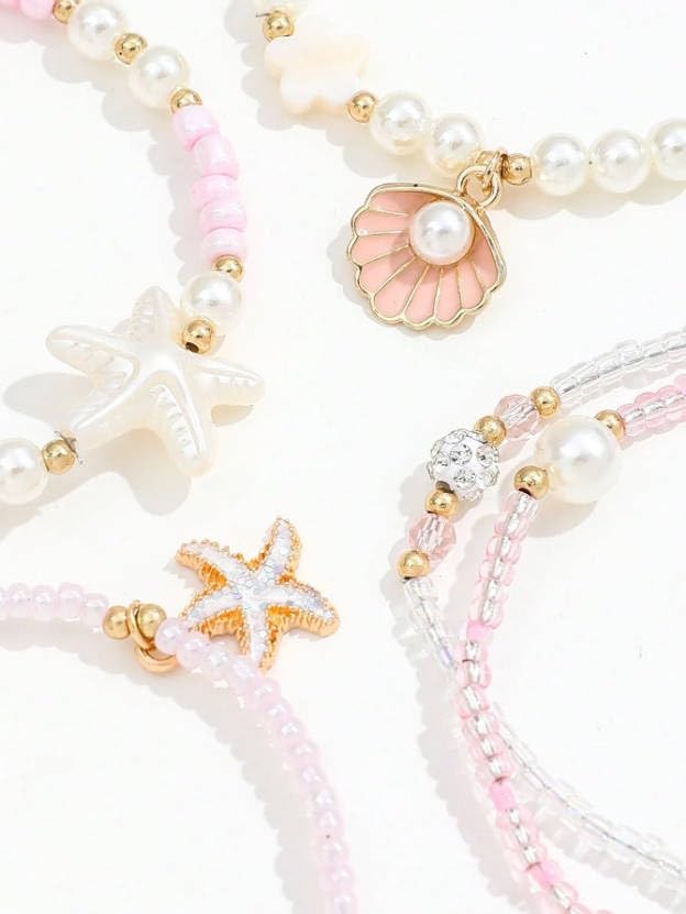 Spring Summer Beach 5-Piece Bracelet Set, Shell Starfish Seed Bead Faux Pearl Stackable Hand Jewelry for Women - color: WhitePink, size: One Size