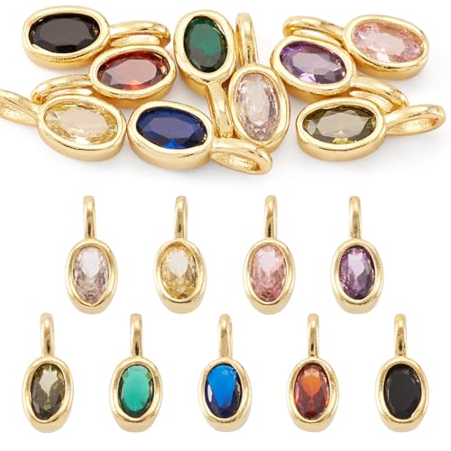 9Pcs Oval Brass Cubic Zirconia Charms Crystal Birthstone Dangle Charms Golden Brass Necklace Pendants for DIY Earring Bracelet Craft Jewelry Making Ornament 12x5x4mm - color: Oval