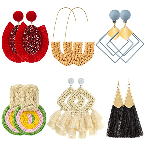 Ponpon 6-18 Pairs Earrings for Women, Lightweight Summer Earrings Straw Earrings Fashion Geometric Statement Hoop Dangle Drop Earrings for Women - style: Style C - 6 Pairs