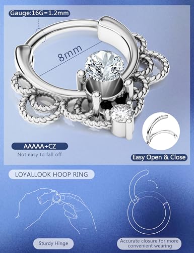8PCS 16G Septum Clicker Ring Stainless Steel CZ Opal Cartilage Helix Tragus Hoop Daith Earrings Nose Rings Hoop Hinged Segment Clicker Ring Piercing Jewelry - color: silver tone 8mm