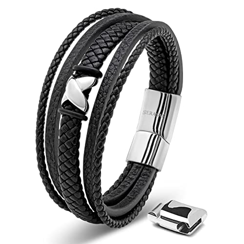 SERASAR Premium Leather Bracelet Men | Stainless Steel Magnetic Clasp | Three Colors | Jewelry Box Included - color: Silver, size: 17cm, style: Flake