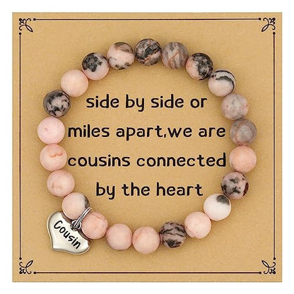 MIXJOY Inspirational Gifts for Women, Heart Charm Pink Elastic Beads Bracelet, Positive Affirmations Get Well Soon Gifts - style: cousins charm side by side pink