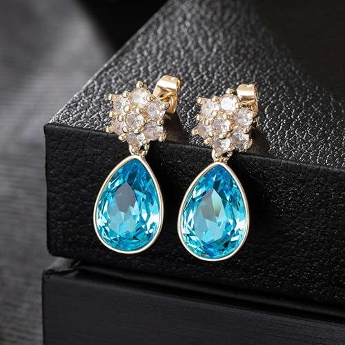 Elegant Austrian Crystal Teardrop Dangle Earrings for Women,14K Gold Plated Flower Drop Earrings Jewelry Gift for Birthday Wedding Anniversary - color: Aquamarine