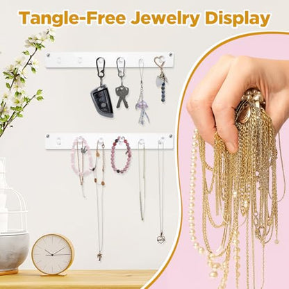 4 Pack Acrylic Necklace Holder – Wall Mounted Jewelry Organizer with 24 Hooks for Necklaces, Bracelets, Rings & Bangles, Clear Display Rack with Easy Installation (Screws & Tape Included)