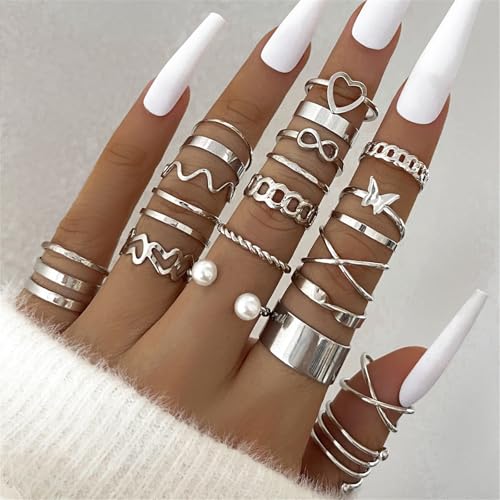 22Pcs Gold Plated Knuckle Rings Set for Women,Boho Dainty Stackable Joint Finger Midi Ring Pack Simple Cute Pearl Butterfly Heart Rings Adjustable Statement Jewelry Mixed Size - color: Silver