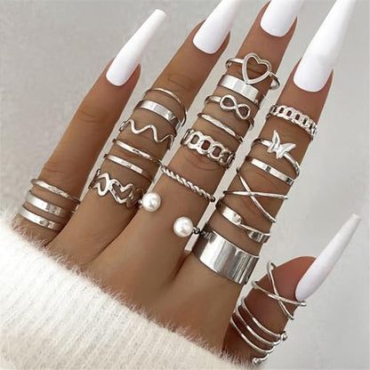 22Pcs Gold Plated Knuckle Rings Set for Women,Boho Dainty Stackable Joint Finger Midi Ring Pack Simple Cute Pearl Butterfly Heart Rings Adjustable Statement Jewelry Mixed Size - color: Silver