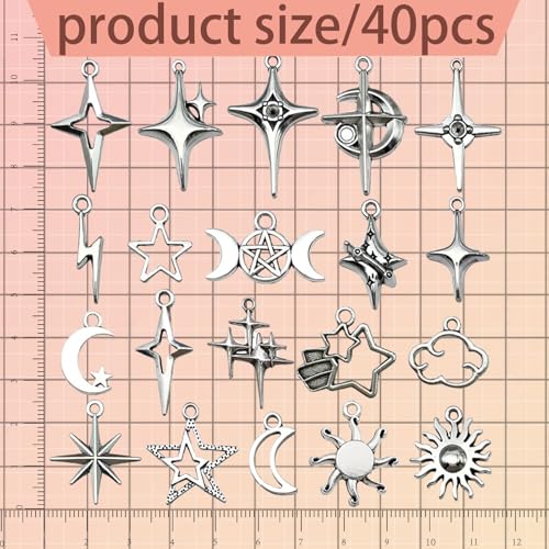 40Pcs Celestial Charm Set Stainless Steel Vintage Antique Silver Moon Star Sun Pendants for DIY Jewelry Making Necklaces Earrings Bracelets Boho Craft Supplies