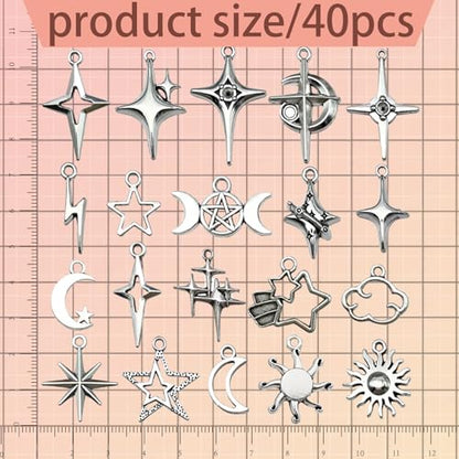 40Pcs Celestial Charm Set Stainless Steel Vintage Antique Silver Moon Star Sun Pendants for DIY Jewelry Making Necklaces Earrings Bracelets Boho Craft Supplies