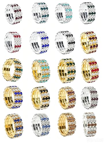 Sparkling Rhinestone Ring Set Trendy Elastic Rhinestone Crystal Stretch Ring Stackable Jewelry for Women Girls - color: 20 Colors in One