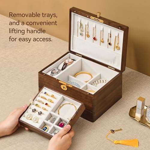 Black Walnut Wooden Lockable Jewelry Box, 3 Layer Organizer for Women | Solid Wood, Drawer, Removable Tray, Lock Key, Necklace Ring Earrings Watch Bracelet Case, Handcrafted, Gifts for Mom, Wome - color: 3 Layer Full Lock