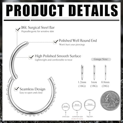 FASACCO 20G 18G 16G Cartilage Hoop Earring 316L Surgical Steel Silver Huggie Hoop Earrings Hypoallergenic Hinged Segment Rings Septum Nose Hoops Daith Conch Helix Tragus Piercing Jewelry 6mm/8mm/10mm - style: Silver-16G-8MM