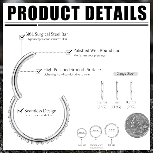FASACCO 20G 18G 16G Cartilage Hoop Earring 316L Surgical Steel Silver Huggie Hoop Earrings Hypoallergenic Hinged Segment Rings Septum Nose Hoops Daith Conch Helix Tragus Piercing Jewelry 6mm/8mm/10mm - style: Silver-16G-6MM