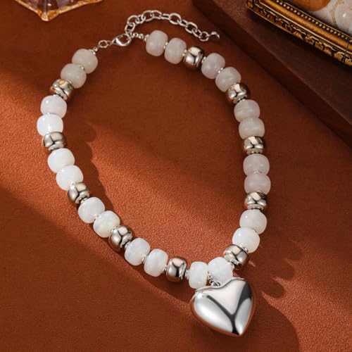 Resin Chunky Colorful Beaded Necklace | Adjustable Boho Statement Necklace,Summer Beach Party Jewelry - color: Heart+White